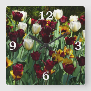 Maroon and Yellow Tulips Colorful Floral Square Wall Clock
