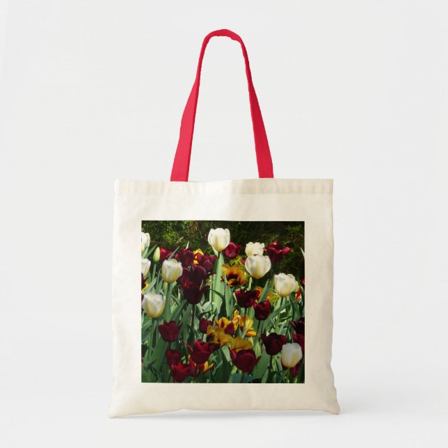 Maroon and Yellow Tulips Colorful Floral Tote Bag (Front)