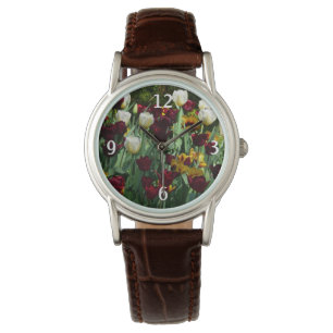 Maroon and Yellow Tulips Colorful Floral Watch