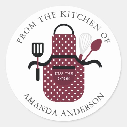 Maroon Apron Kiss the Cook From the Kitchen of Classic Round Sticker