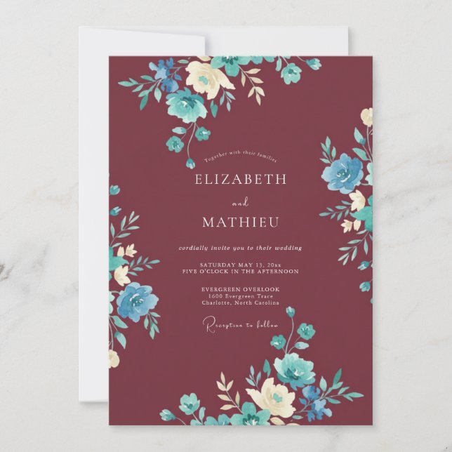 Maroon Artistic Floral Wedding Invitation (Front)