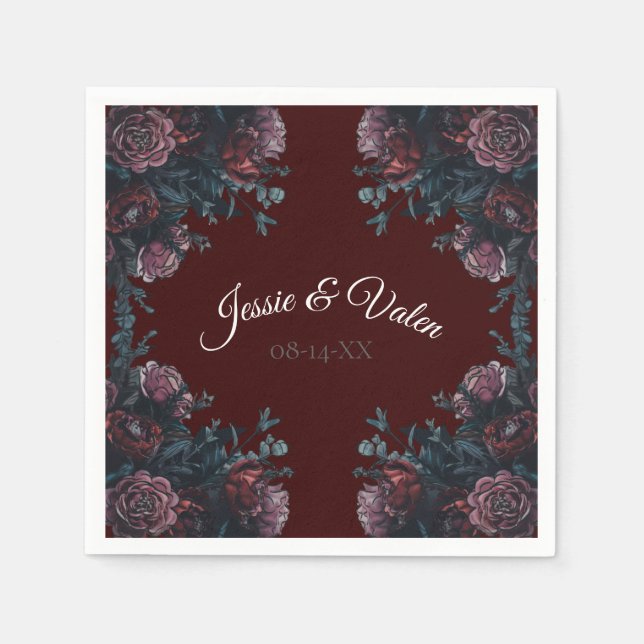 Maroon Autumn Floral Wedding Napkins (Front)
