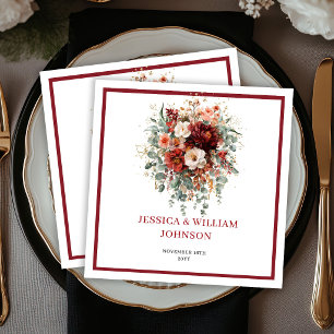 Maroon Autumn Flowers Boho Eucalyptus Wedding Napkins