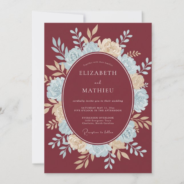 Maroon Azure Wreath Wedding Invitation (Front)