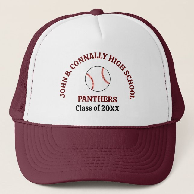 Maroon Baseball Player Custom High School Team Trucker Hat (Front)