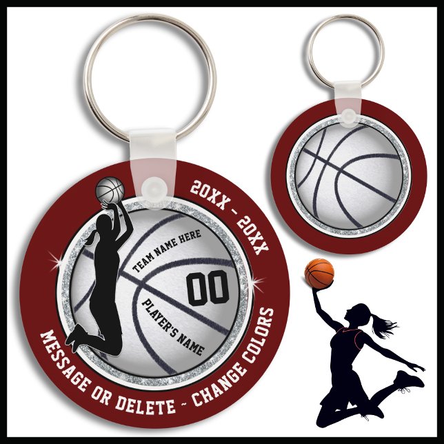 Maroon, Basketball Themed Party Favors Keychain (Maroon, Silver and Black, Personalized Basketball Team Gifts. Cheap Basketball Bag Tags for Girls. )