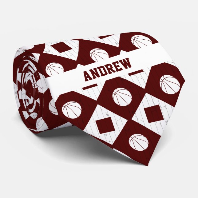 Maroon Basketball Wood Floor Argyle Pattern Neck Tie (Rolled)