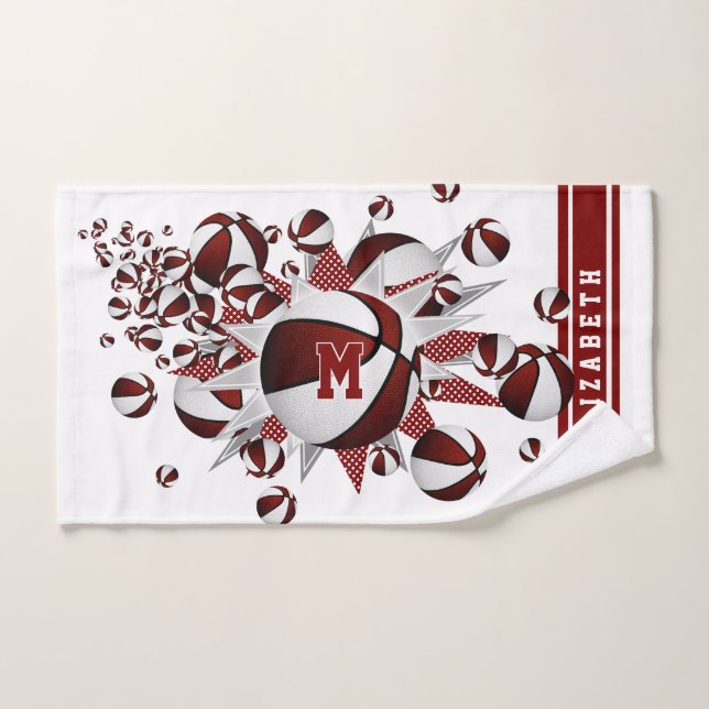 maroon basketballs stars girls monogrammed hand towel  (Hand Towel)