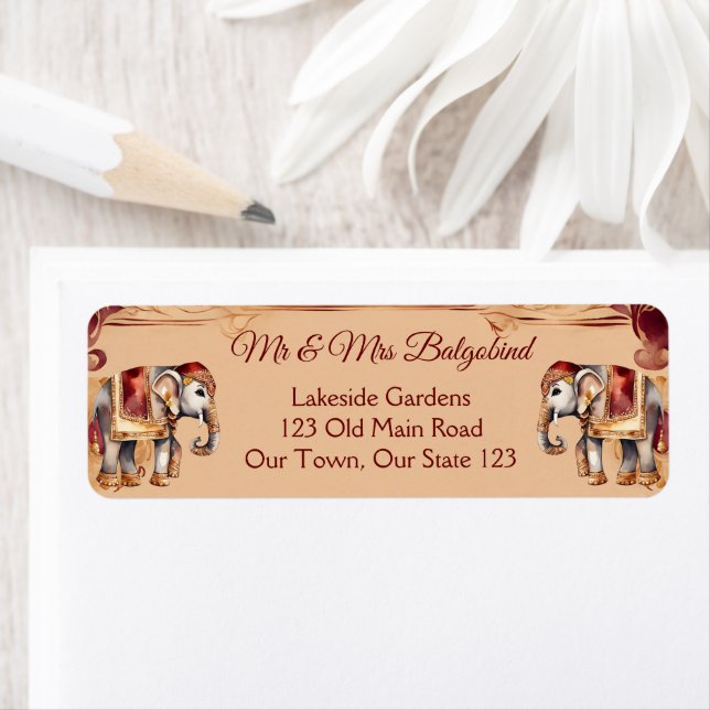 Maroon beige Indian wedding elephants address Label (Insitu)