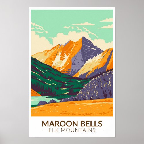 Maroon Bells Elk Mountains Colorado Vintage  Poster