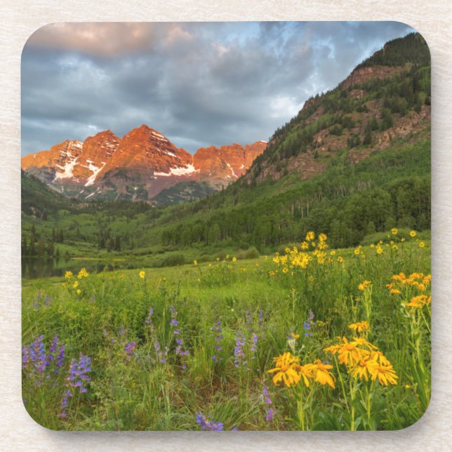 Maroon Bells Reflect Into Calm Maroon Lake Beverage Coaster (Front)