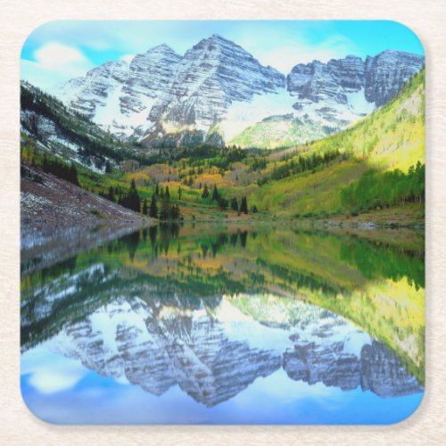 Maroon Bells reflecting in Maroon Lake Square Paper Coaster