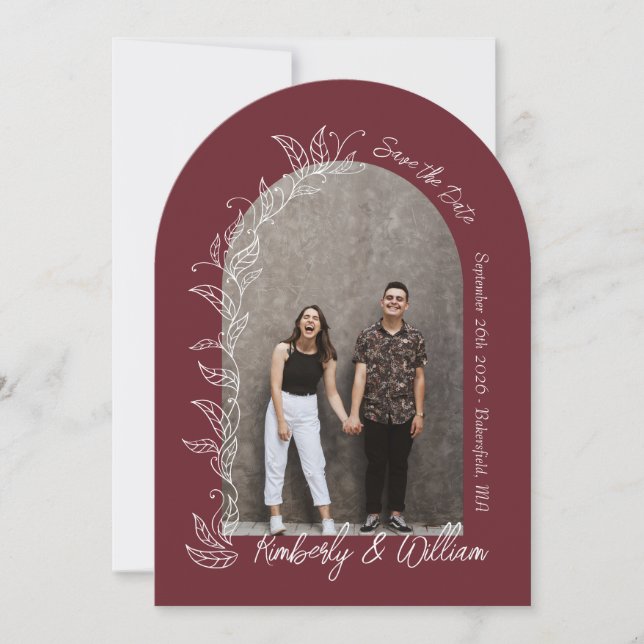 Maroon Berry Botanical Leaves Arch Save the Date Invitation (Front)