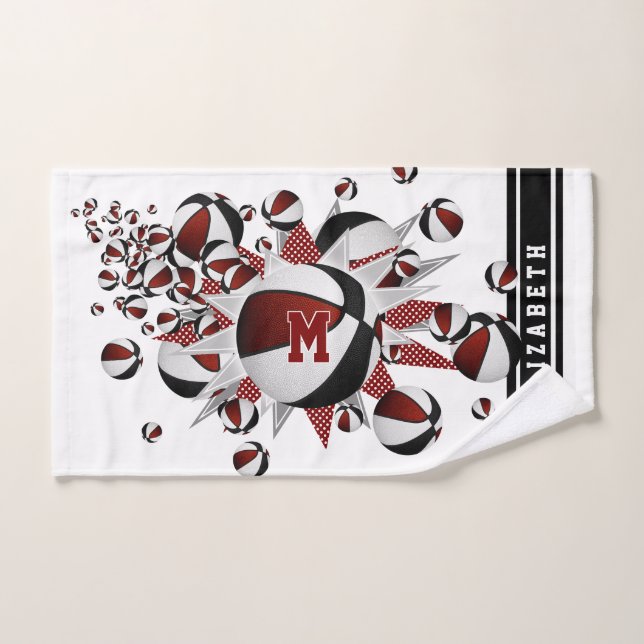 maroon black basketballs stars girls monogrammed hand towel  (Hand Towel)