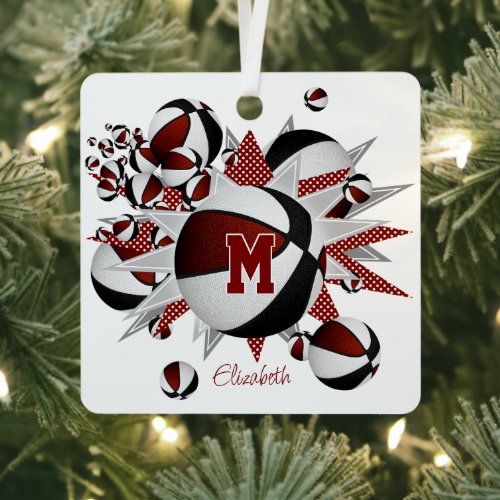 Maroon black basketballs stars personalized  metal ornament