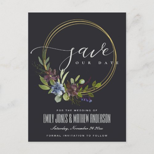 MAROON BLACK BLOOM FOLIAGE WREATH SAVE THE DATE ANNOUNCEMENT POSTCARD