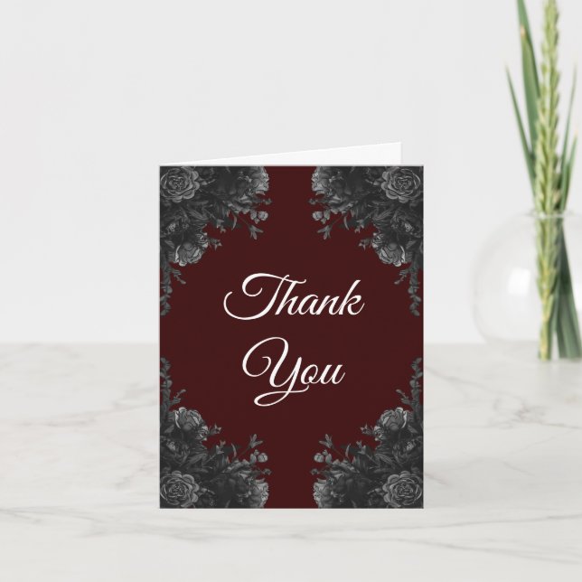 Maroon Black Elegant Floral Wedding Thank You Card (Front)