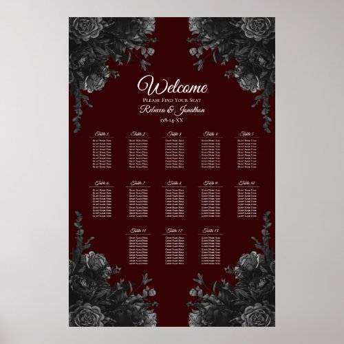 Maroon Black Grey Rose Gothic Wedding Seating Poster