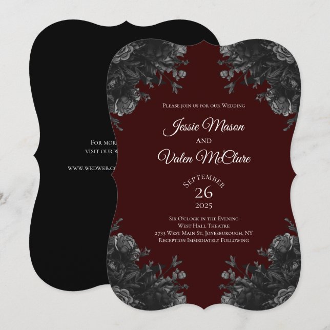 Maroon Black Grey Roses Gothic Elegant Wedding Invitation (Front/Back)