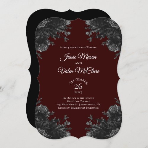 Maroon Black Grey Roses Gothic Elegant Wedding Invitation