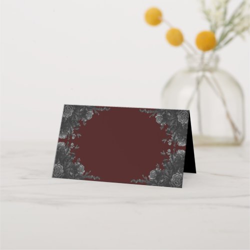 Maroon Black Grey Roses Gothic Wedding Place Card