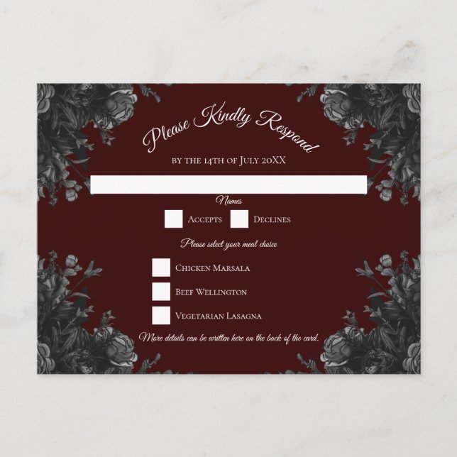 Maroon Black Grey Roses Gothic Wedding RSVP Reply Holiday Postcard (Front)
