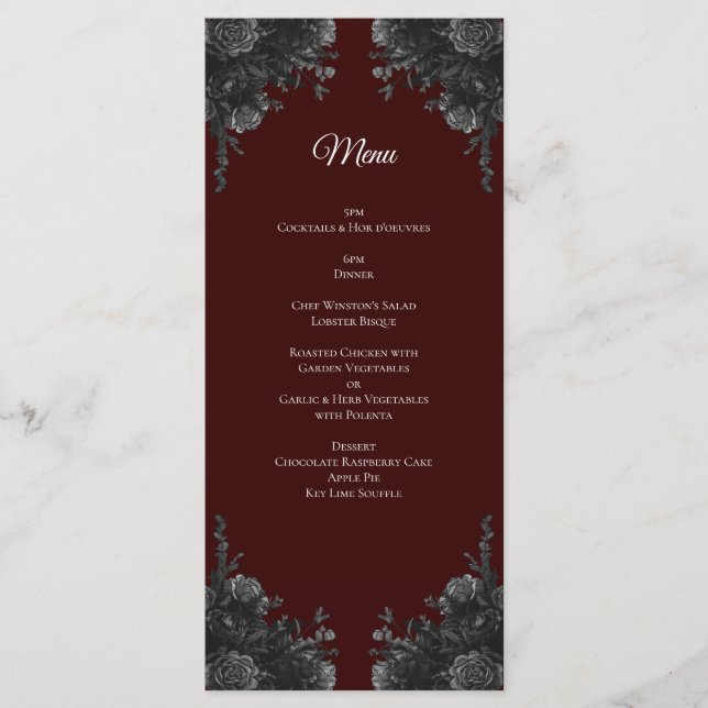 Maroon Black Roses Gothic Wedding Menu (Front)