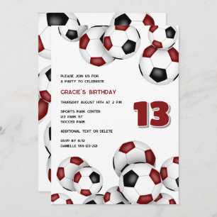 maroon black soccer balls kids birthday invitation