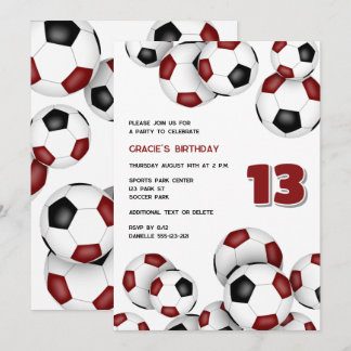 maroon black soccer balls kids birthday invitation