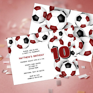 maroon black soccer balls kids birthday party invitation