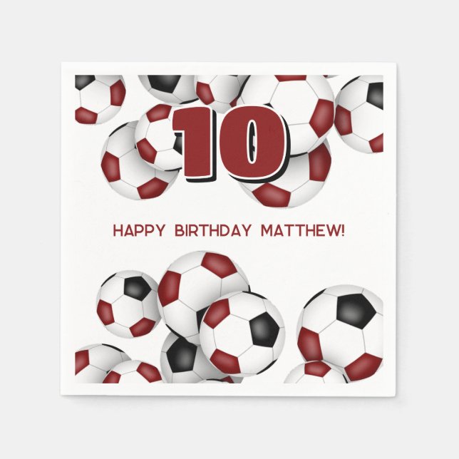 maroon black soccer balls kids birthday party napkins (Front)