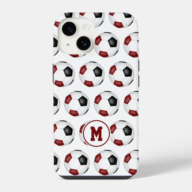 maroon black soccer balls pattern monogrammed iphone case (Back)