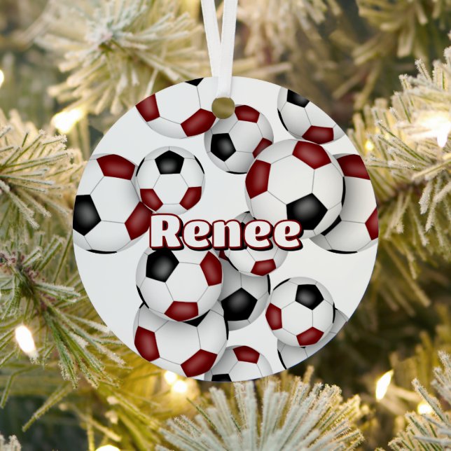 maroon black soccer balls sports keepsake metal ornament (Insitu)