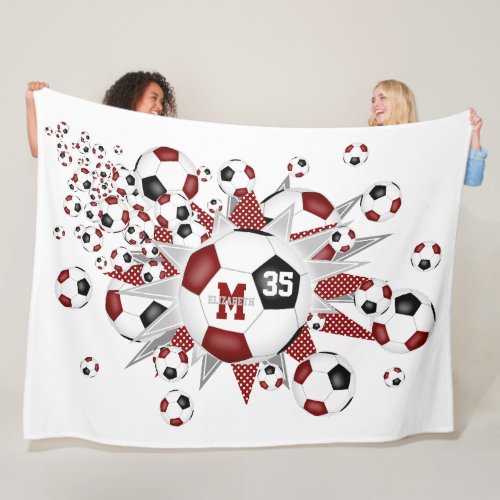 maroon black soccer balls stars girls name fleece blanket