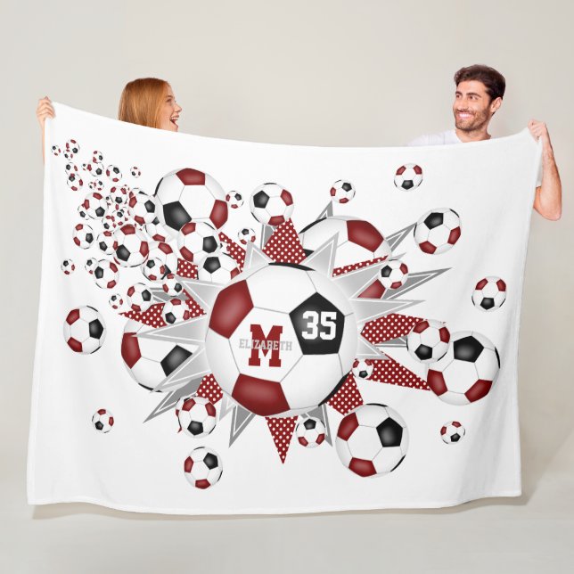 maroon black soccer balls stars girls name fleece blanket (In Situ)