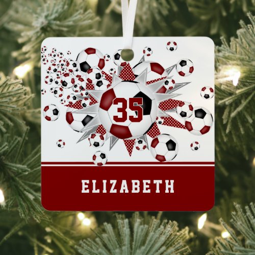 Maroon black soccer balls stars personalized  metal ornament