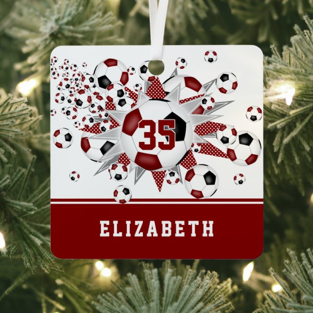 Maroon black soccer balls stars personalized  metal ornament (Insitu)
