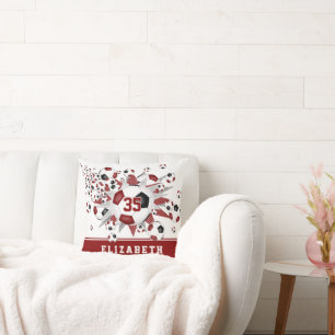 maroon black sports room girls soccer balls stars throw pillow