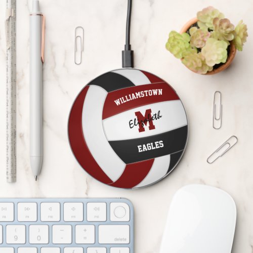 maroon black volleyball athlete team name monogram wireless charger 