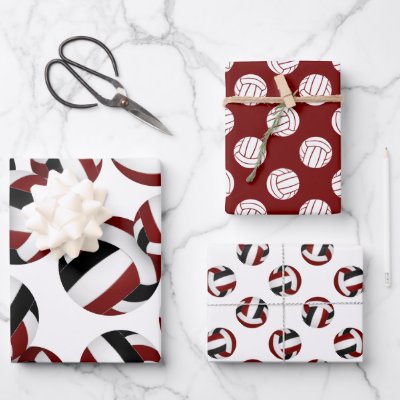 maroon black volleyballs set of 3 coordinating wrapping paper sheets