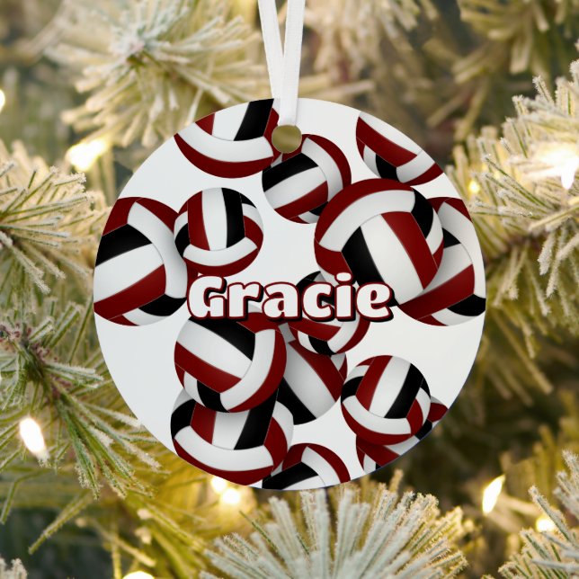 maroon black volleyballs w athlete name keepsake metal ornament (Insitu)