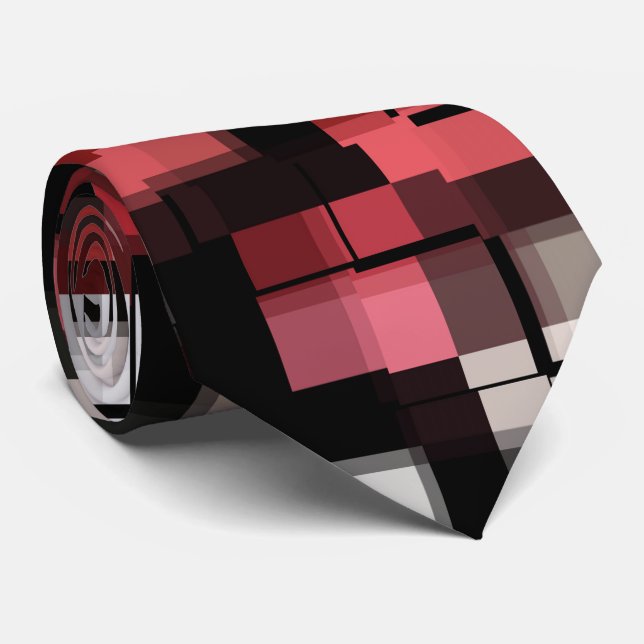 Maroon Black White Abstract Plaid Neck Tie (Rolled)