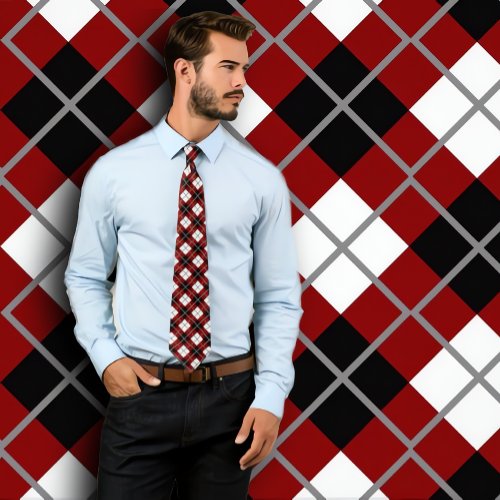 Maroon Black White and Grey Argyle Print Necktie