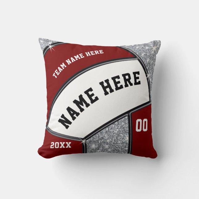 Maroon, Black, White and Silver Volleyball Gifts Throw Pillow (Front)