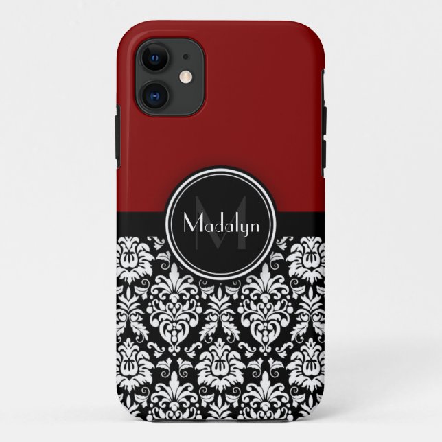 Maroon Black White Damask Monogram Letter Case-Mate iPhone Case (Back)