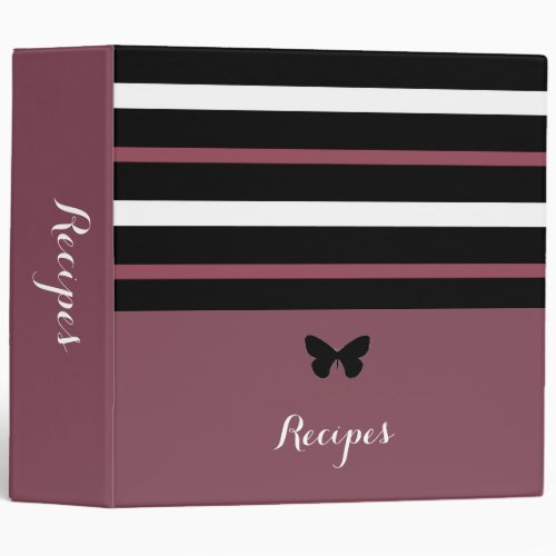 Maroon Black & White Stripes with Butterfly Recipe 3 Ring Binder