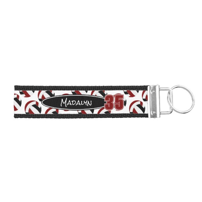 maroon black white volleyballs athlete name wrist keychain (Keys on Right)