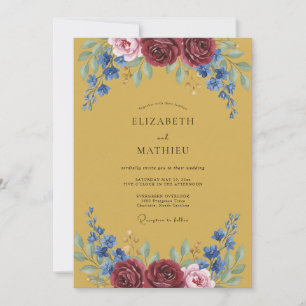 Maroon Blue Botanical Flourish Wedding Invitation