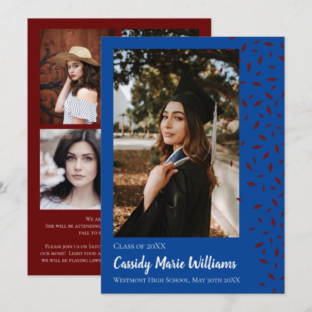 Maroon Blue Confetti Graduation Announcement (Front/Back)
