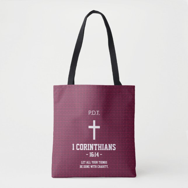 Maroon Blue Flowers Pattern Bible Verse Christian Tote Bag (Front)